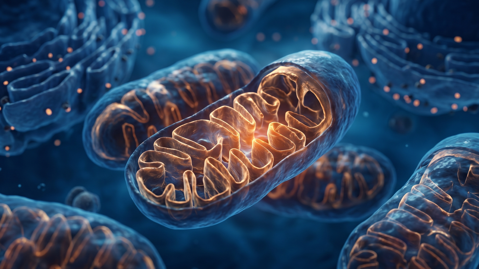 Detailed scientific rendering of mitochondria inside a human cell with glowing inner membranes