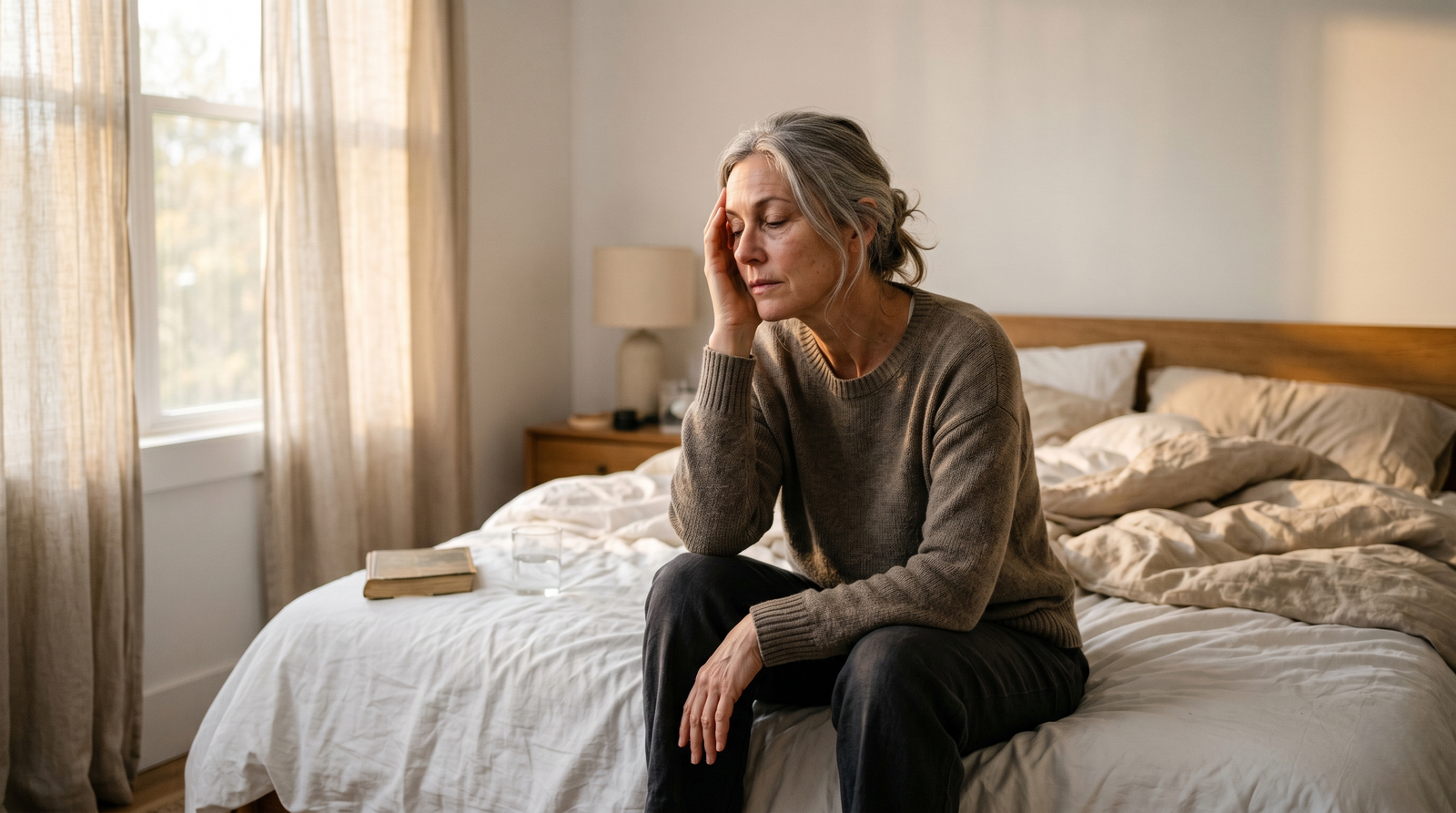 A woman in her 50s sitting on the edge of a bed in soft morning light, looking exhausted