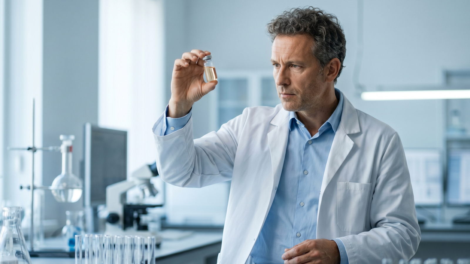 A researcher in a white lab coat carefully examining a small vial in a clean modern laboratory