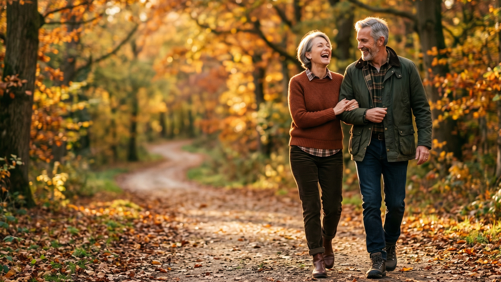 An energetic couple in their 50s walking together on a tree-lined path during golden hour, laughing